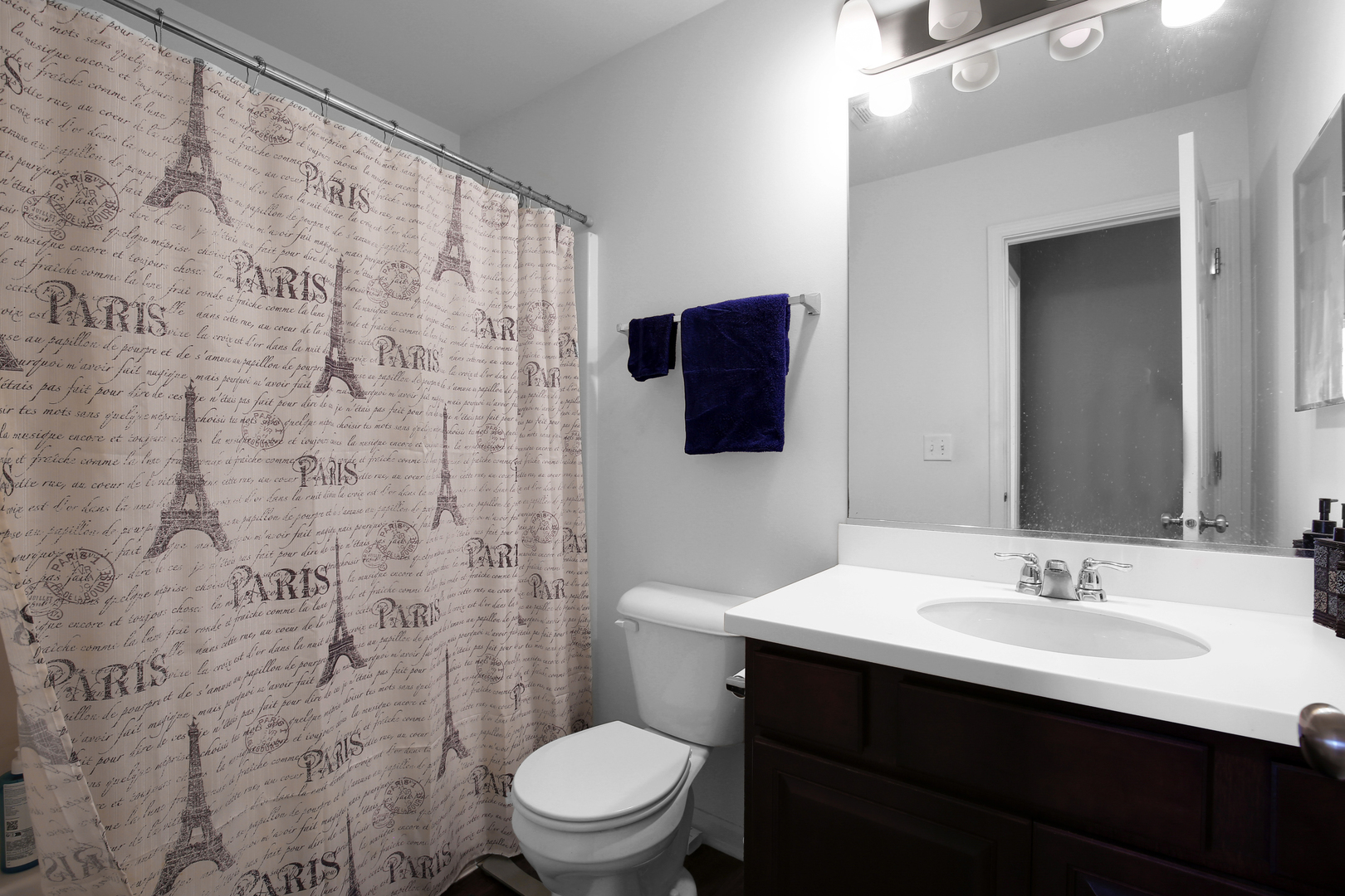 98 Lawrence Lane Matteson, IL 60443 - Photo 14 of 20 a bathroom with a sink a toilet a mirror and shower curtain
