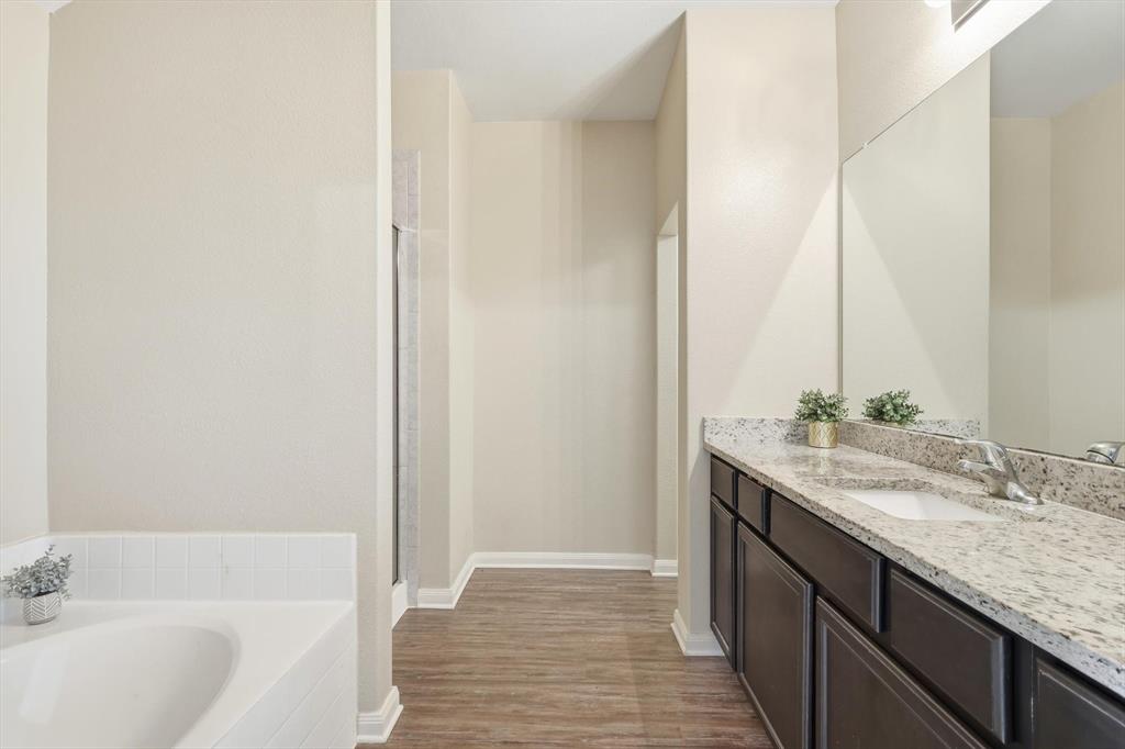 227 Curt Street Anna, TX 75409 - Photo 21 of 40 Bathroom featuring vanity, a garden tub, light wood-type flooring, and walk in shower