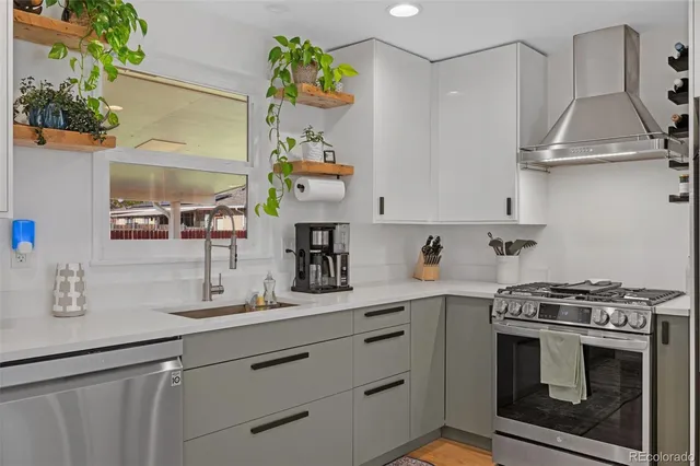 a kitchen with stainless steel appliances a stove a sink and a microwave