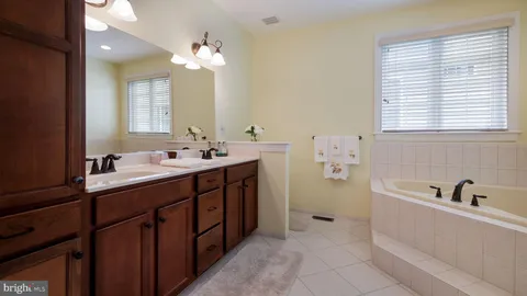 a bathroom with a double vanity sink a mirror and a bathtub