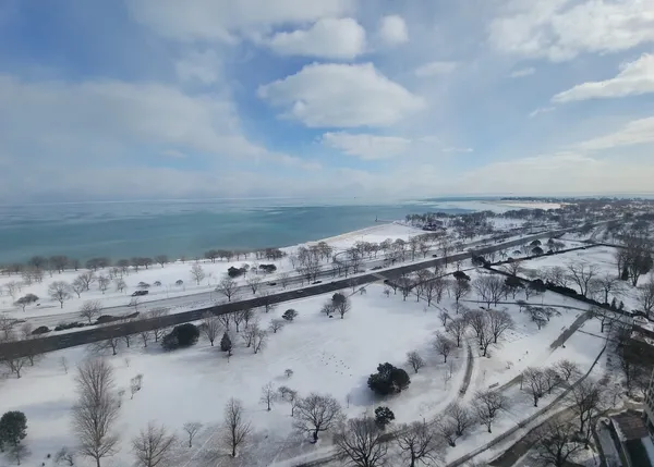 a view of a lake with a city