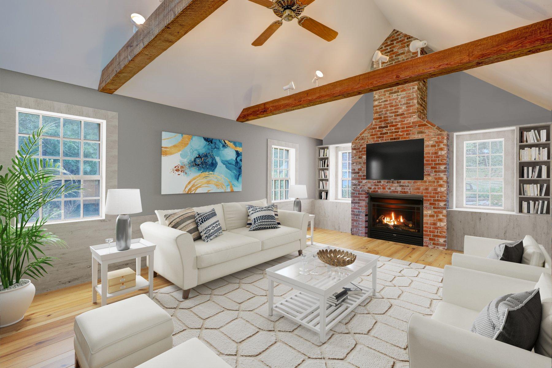 40 Viking Road Orleans, MA 02653 - Photo 9 of 27 a living room with furniture a fireplace and a flat screen tv