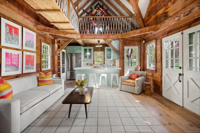 a view of a park with large trees