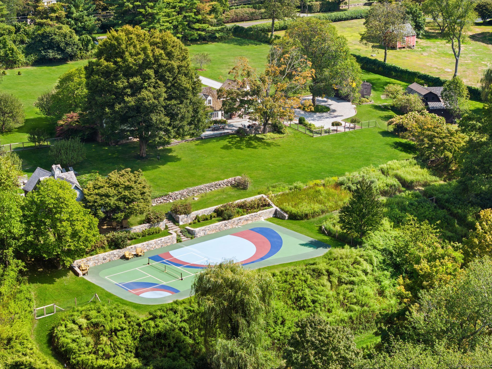 2281 Redding Road Fairfield, CT 06824 - Photo 36 of 40 an aerial view of a house with a yard basket ball court and outdoor seating