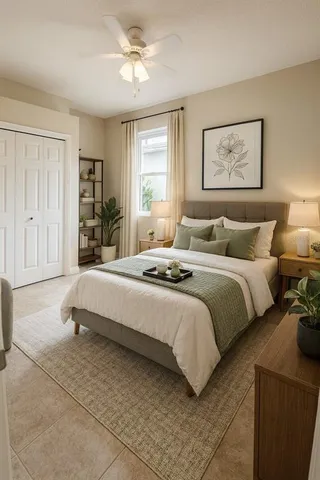 a bedroom with a bed and window