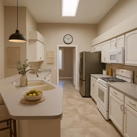 a kitchen with stainless steel appliances granite countertop a sink a stove a refrigerator and a stove