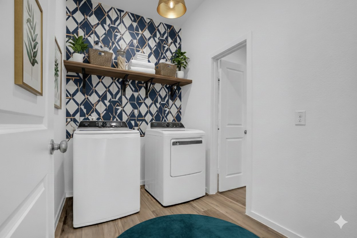 8619 Jade Hl Drive Rosharon, TX 77583 - Photo 34 of 50 Laundry Room (Virtually Staged): Virtually staged to help visualize how the space functions as an extension of the primary suite. Direct access from the walk-in closet creates an efficient daily routine. The layout allows flexibility for future shelving or cabinetry if desired.
