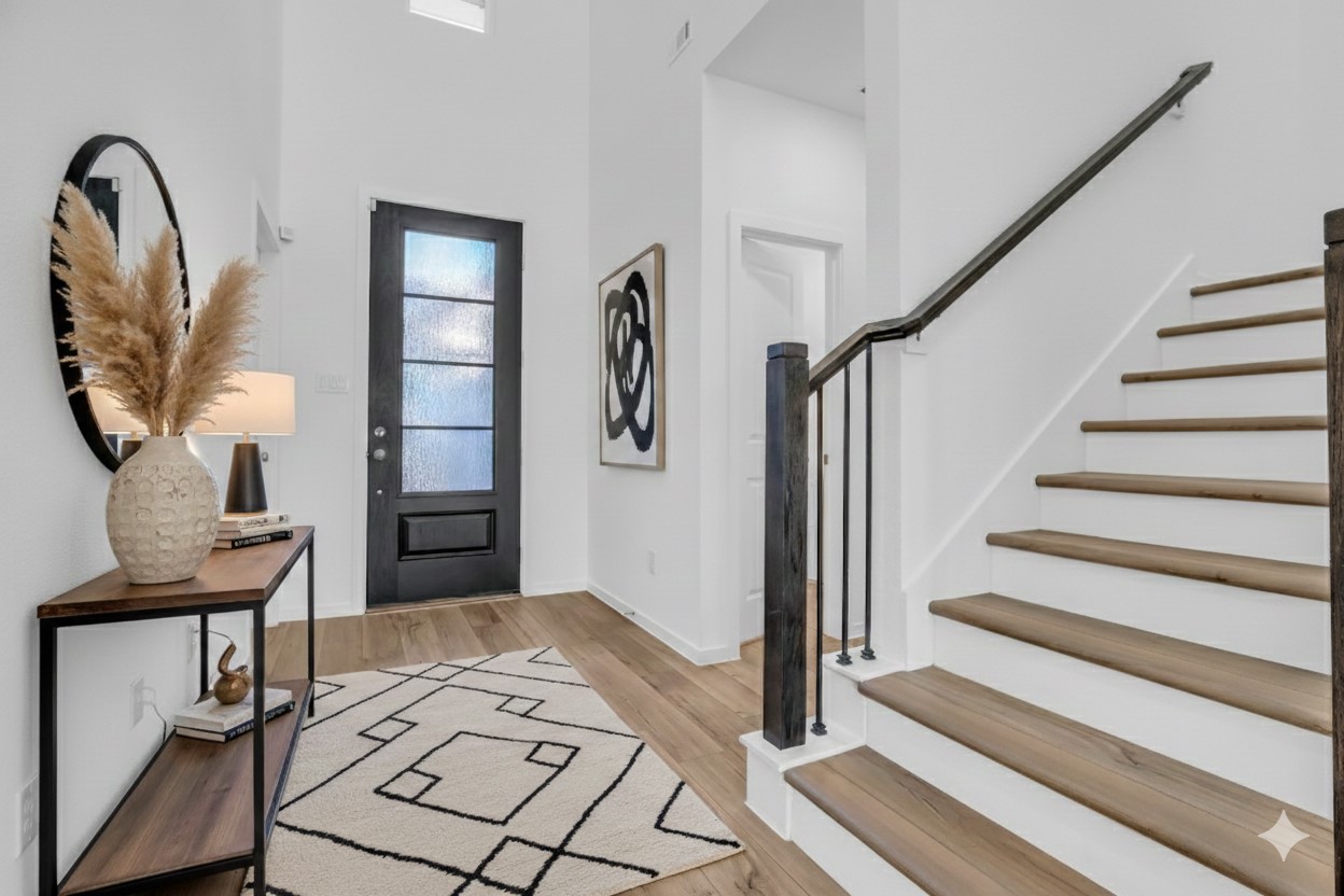 8619 Jade Hl Drive Rosharon, TX 77583 - Photo 35 of 50 Let's head upstairs! Gain perspective with this (Virtually Staged) Entryway: This image is digitally staged to help visualize scale, layout, and design potential. The spacious foyer showcases soaring ceilings, modern stair detailing, and a flexible canvas ready to reflect your personal style.