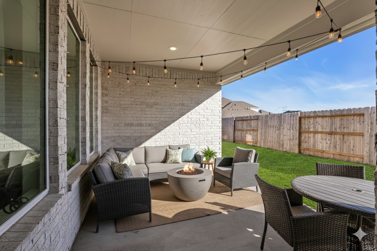 8619 Jade Hl Drive Rosharon, TX 77583 - Photo 48 of 50 Virtually staged to showcase an inviting outdoor living setup, highlighting the flexibility of the covered patio for relaxing, gathering, and entertaining.