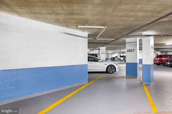 a view of a garage with car parked