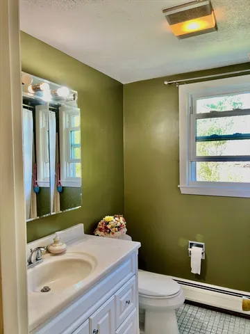 a bathroom with a sink vanity mirror and toilet