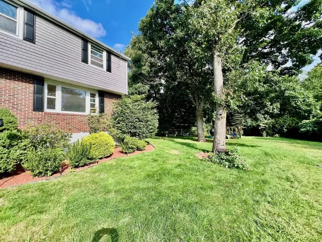 a front view of a house with a yard and trees