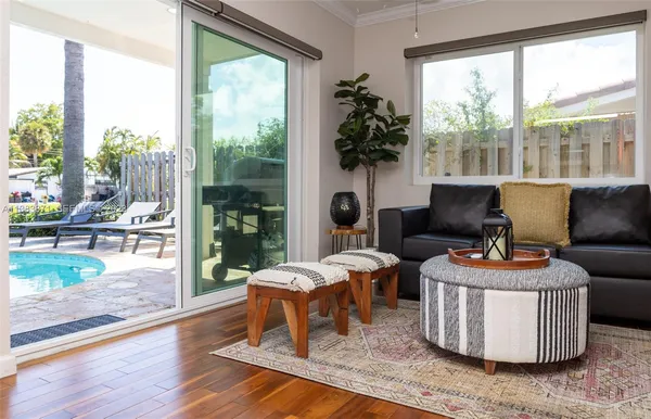 a view of a dining room with furniture window and wooden floor