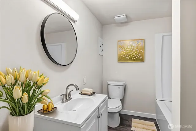 a bathroom with a sink mirror and toilet