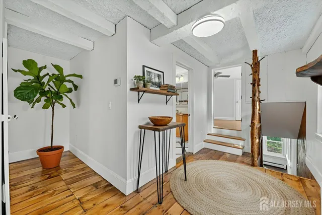 a living room with wooden floor and a potted plant