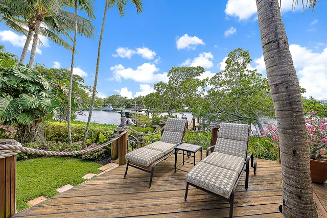a view of a swimming pool with a patio and plants