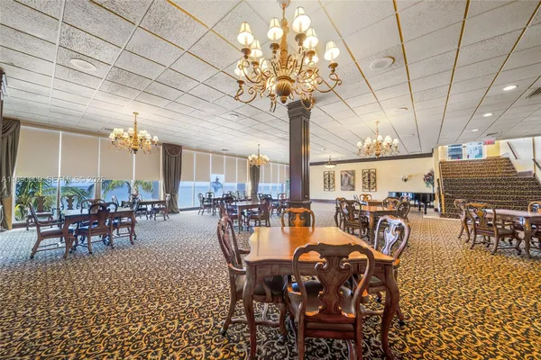 a view of a dining room with furniture window and outside view