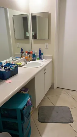 a bathroom with a sink and a mirror