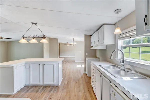 a kitchen with a sink a counter space appliances and cabinets