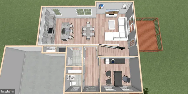 a view of living room with furniture and large window