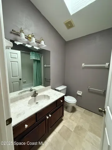 a bathroom with a sink vanity and toilet