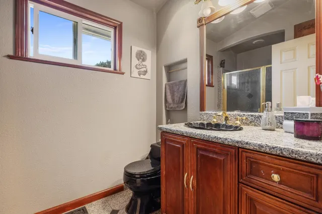 a view of a tree in front of a wooden house