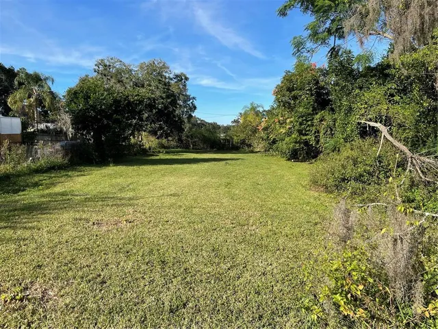 a view of a field with an trees in the background
