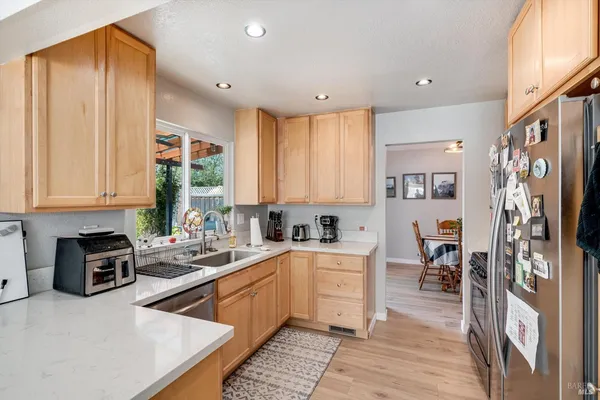 a kitchen with lots of counter top space