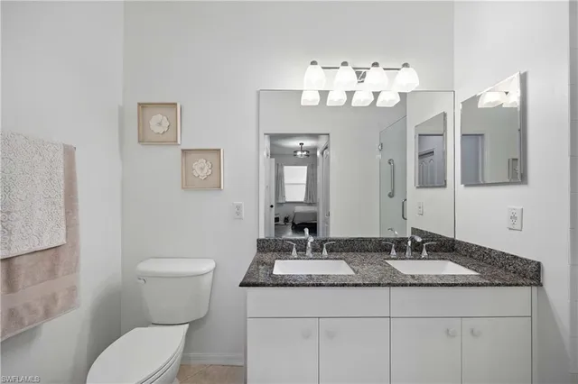 a bathroom with a sink mirror and toilet