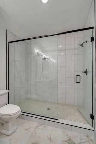 a bathroom with a shower and a toilet
