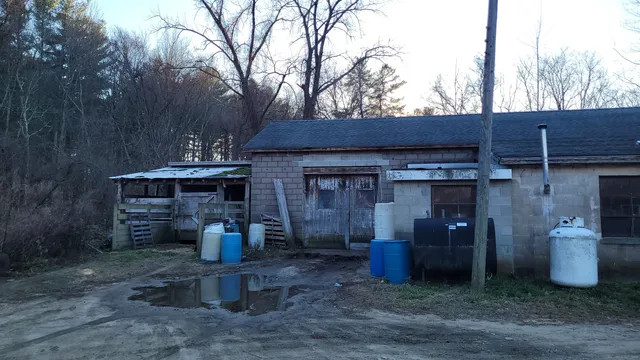 a view of a wooden house with large trees and wooden fence