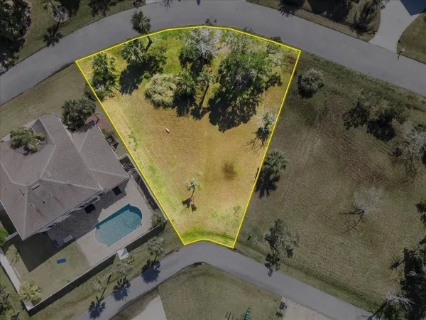 an aerial view of a swimming pool