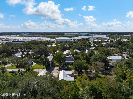 an aerial view of residential houses with outdoor space and trees