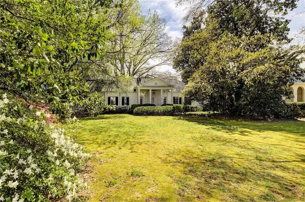 a view of a swimming pool with some plants and large trees