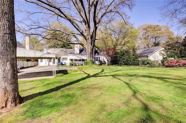 a view of swimming pool with yard and tree in the background