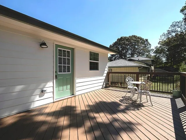 a porch with seating space
