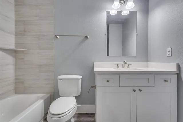 a bathroom with a sink a toilet a mirror a vanity and bathtub