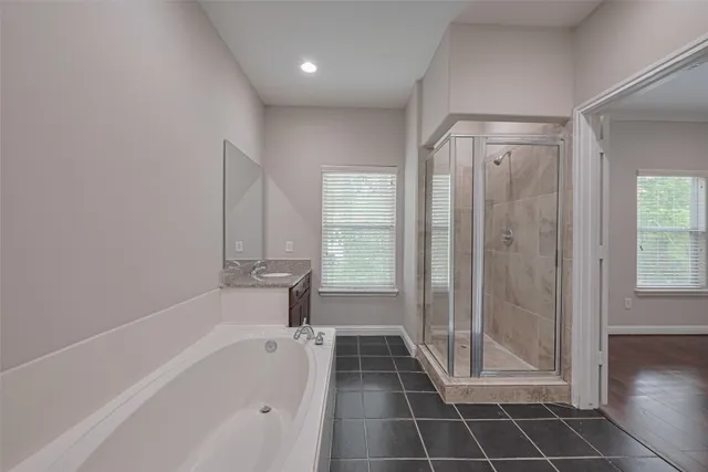 a bathroom with a bathtub and a shower