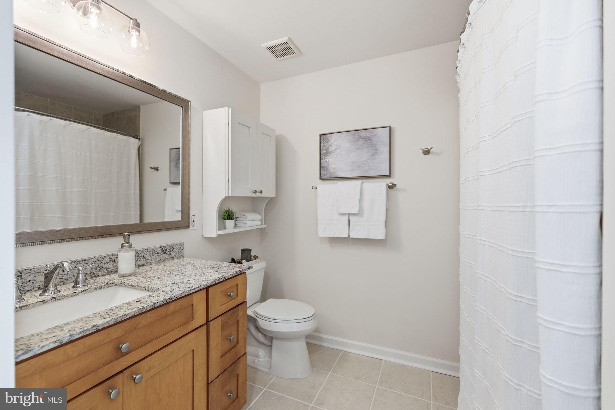 20963 Timber Ridge Terrace, Unit 103 Ashburn, VA 20147 - Photo 15 of 32 a bathroom with a granite countertop sink toilet and mirror