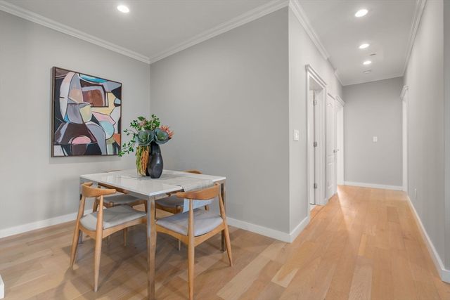 a view of a dining room with furniture