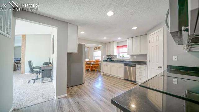 a kitchen with a refrigerator and a sink