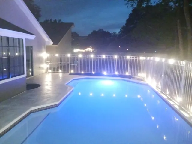 a view of an outdoor space with a chandelier