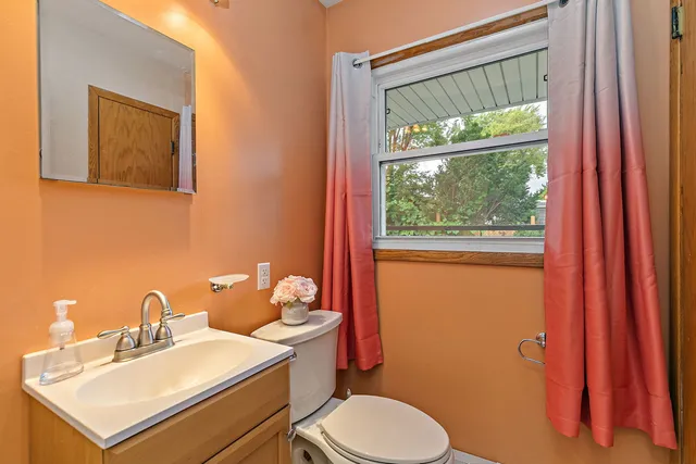 a bathroom with a toilet a sink and a mirror