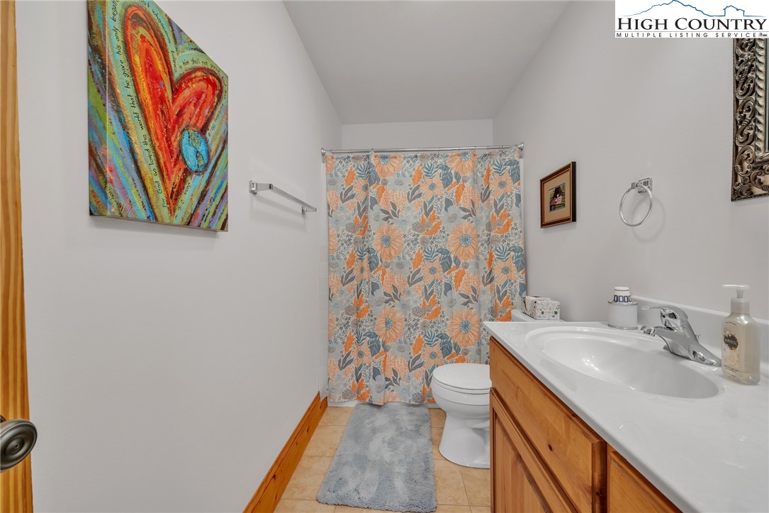 1118 Lucy Bell Road Crumpler, NC 28617 - Photo 26 of 39 a bathroom with a sink a toilet and a shower curtain