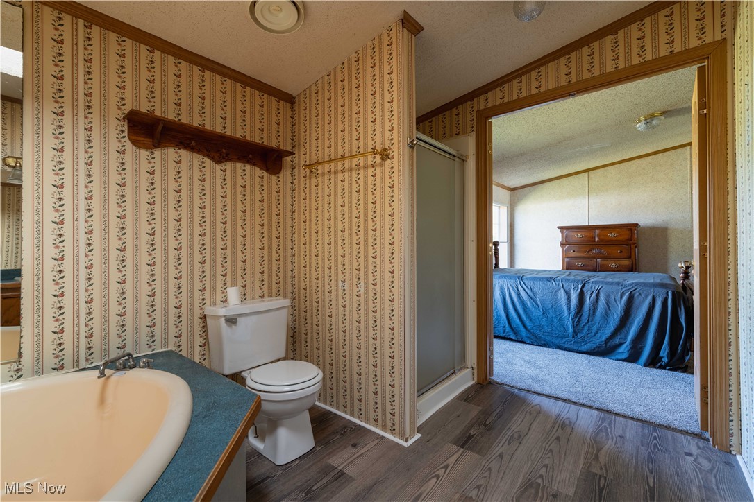 73550 Old Twenty One Road Kimbolton, OH 43749 - Photo 27 of 35 Full bathroom featuring crown molding, toilet, separate shower and tub, and wood-type flooring
