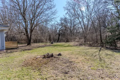 a view of a backyard with large trees