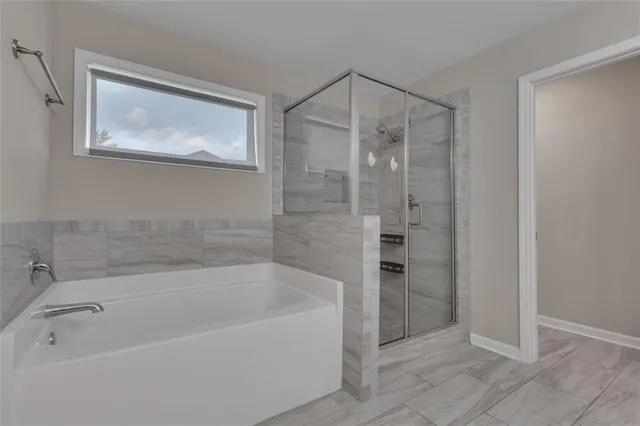 a bathroom with a bathtub and a shower