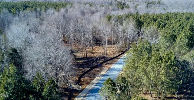 a view of a yard with large trees