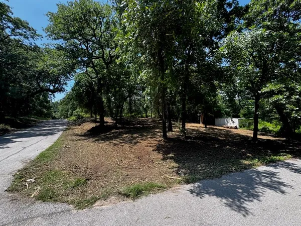 a view of a park with large trees