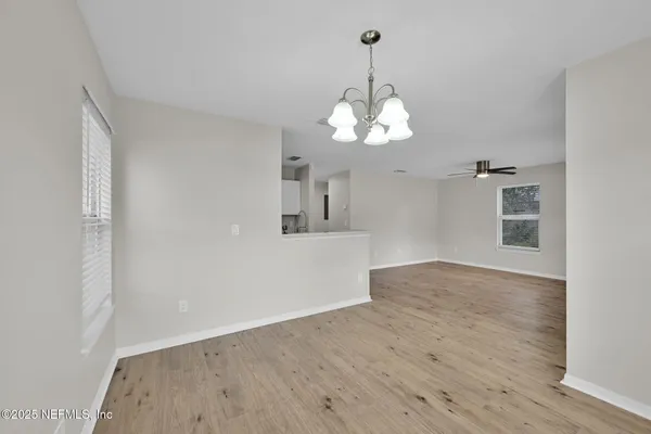 a view of a chandelier in a room